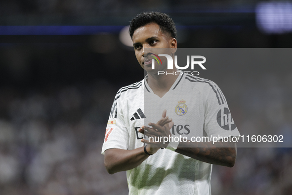 Rodrygo Goes of Real Madrid claps his hands during the La Liga 2024/25 match between Real Madrid and Alaves at Santiago Bernabeu Stadium in...