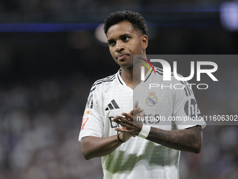 Rodrygo Goes of Real Madrid claps his hands during the La Liga 2024/25 match between Real Madrid and Alaves at Santiago Bernabeu Stadium in...