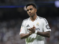 Rodrygo Goes of Real Madrid claps his hands during the La Liga 2024/25 match between Real Madrid and Alaves at Santiago Bernabeu Stadium in...