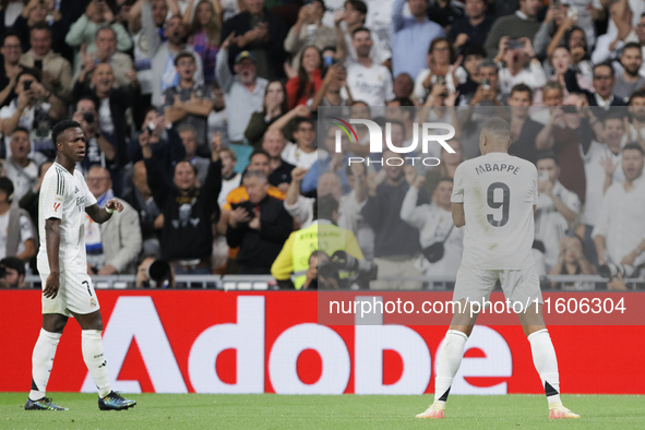 Kylian Mbappe of Real Madrid celebrates a goal during the La Liga 2024/25 match between Real Madrid and Alaves at Santiago Bernabeu Stadium...