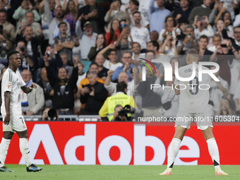 Kylian Mbappe of Real Madrid celebrates a goal during the La Liga 2024/25 match between Real Madrid and Alaves at Santiago Bernabeu Stadium...