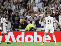 Kylian Mbappe of Real Madrid celebrates a goal during the La Liga 2024/25 match between Real Madrid and Alaves at Santiago Bernabeu Stadium...