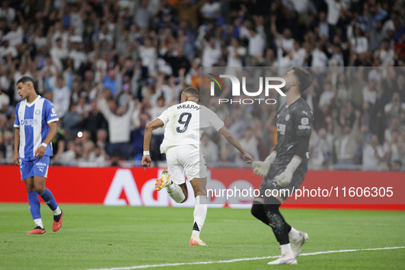 Kylian Mbappe of Real Madrid celebrates a goal during the La Liga 2024/25 match between Real Madrid and Alaves at Santiago Bernabeu Stadium...