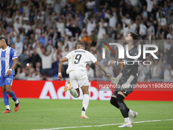 Kylian Mbappe of Real Madrid celebrates a goal during the La Liga 2024/25 match between Real Madrid and Alaves at Santiago Bernabeu Stadium...