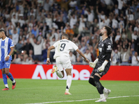 Kylian Mbappe of Real Madrid celebrates a goal during the La Liga 2024/25 match between Real Madrid and Alaves at Santiago Bernabeu Stadium...