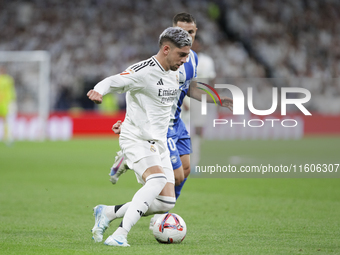 Federico Valverde of Real Madrid is in action during the La Liga 2024/25 match between Real Madrid and Alaves at Santiago Bernabeu Stadium i...