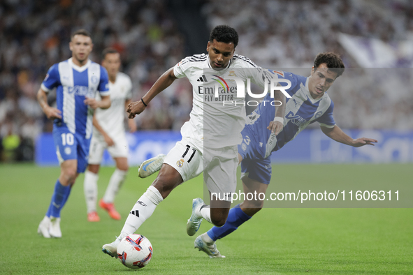 Rodrygo Goes of Real Madrid is in action during the La Liga 2024/25 match between Real Madrid and Alaves at Santiago Bernabeu Stadium in Mad...