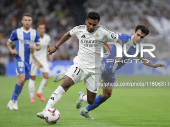 Rodrygo Goes of Real Madrid is in action during the La Liga 2024/25 match between Real Madrid and Alaves at Santiago Bernabeu Stadium in Mad...