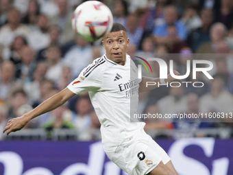 Kylian Mbappe of Real Madrid is in action during the La Liga 2024/25 match between Real Madrid and Alaves at Santiago Bernabeu Stadium in Ma...