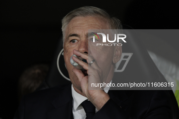 Real Madrid coach Carlo Ancelotti during the La Liga 2024/25 match between Real Madrid and Alaves at Santiago Bernabeu Stadium in Madrid, Sp...