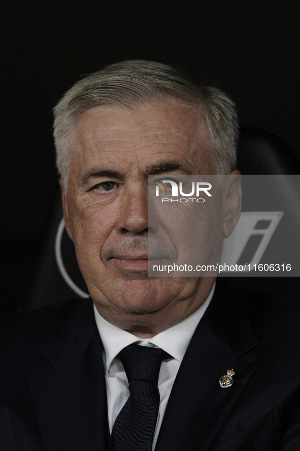 Real Madrid coach Carlo Ancelotti during the La Liga 2024/25 match between Real Madrid and Alaves at Santiago Bernabeu Stadium in Madrid, Sp...