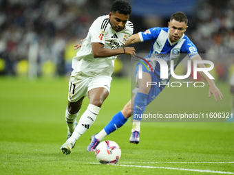 Rodrygo Goes right winger of Real Madrid and Brazil in action during the La Liga match between Real Madrid CF and Deportivo Alavés at Estadi...