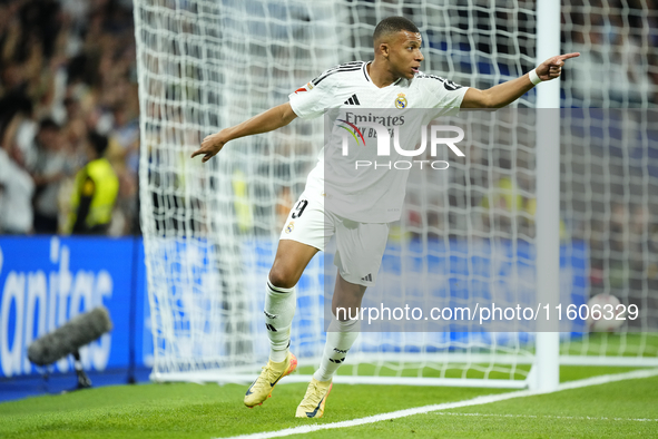 Kylian Mbappe centre-forward of Real Madrid and France celebrates after scoring disallowed goal during the La Liga match between Real Madrid...