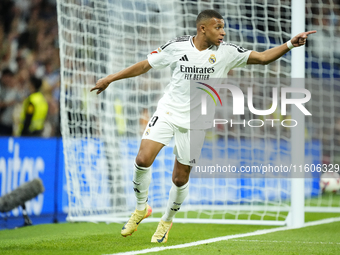 Kylian Mbappe centre-forward of Real Madrid and France celebrates after scoring disallowed goal during the La Liga match between Real Madrid...