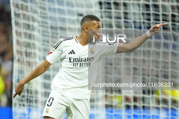 Kylian Mbappe centre-forward of Real Madrid and France celebrates after scoring disallowed goal during the La Liga match between Real Madrid...