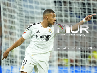 Kylian Mbappe centre-forward of Real Madrid and France celebrates after scoring disallowed goal during the La Liga match between Real Madrid...