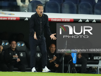 Luis Garcia head coach of Alaves reacts during the La Liga match between Real Madrid CF and Deportivo Alavés at Estadio Santiago Bernabeu on...