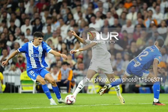 Kylian Mbappe centre-forward of Real Madrid and France in action during the La Liga match between Real Madrid CF and Deportivo Alavés at Est...