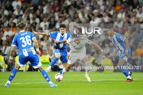 Kylian Mbappe centre-forward of Real Madrid and France in action during the La Liga match between Real Madrid CF and Deportivo Alavés at Est...