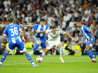 Kylian Mbappe centre-forward of Real Madrid and France in action during the La Liga match between Real Madrid CF and Deportivo Alavés at Est...