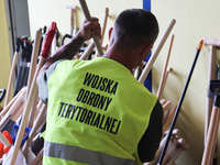 Territorial Defence Forces member works at the flooded area in Lewin Brzeski, Poland on September 23, 2024. (