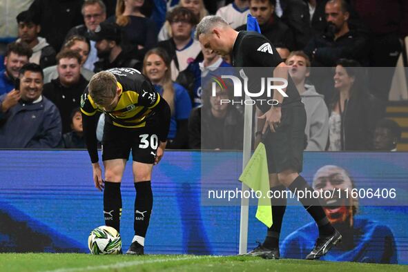 Ben Jackson (30 Barrow) places the ball for a corner kick during the Carabao Cup Third Round match between Chelsea and Barrow at Stamford Br...