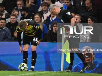 Ben Jackson (30 Barrow) places the ball for a corner kick during the Carabao Cup Third Round match between Chelsea and Barrow at Stamford Br...