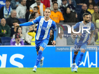 Kike Garcia centre-forward of Alaves and Spain celebrates after scoring his sides first goal during the La Liga match between Real Madrid CF...