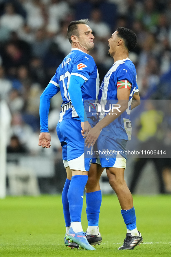 Kike Garcia centre-forward of Alaves and Spain celebrates after scoring his sides first goal during the La Liga match between Real Madrid CF...