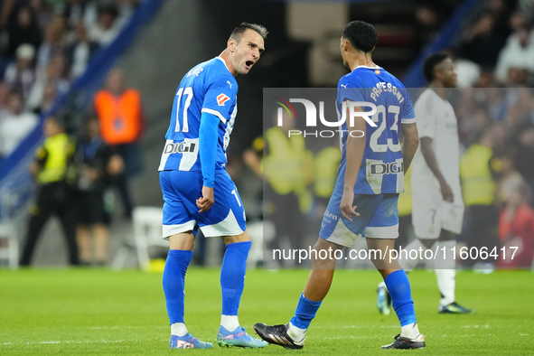 Kike Garcia centre-forward of Alaves and Spain celebrates after scoring his sides first goal during the La Liga match between Real Madrid CF...