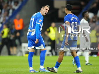 Kike Garcia centre-forward of Alaves and Spain celebrates after scoring his sides first goal during the La Liga match between Real Madrid CF...