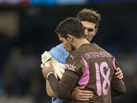 John Stones #5 of Manchester City F.C. and Stefan Ortega #18 (GK) of Manchester City F.C. at full time during the Carabao Cup Third Round ma...