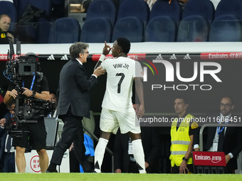 Vinicius Junior left winger of Real Madrid and Brazil protest to referee after is replaced during the La Liga match between Real Madrid CF a...