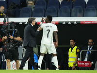 Vinicius Junior left winger of Real Madrid and Brazil protest to referee after is replaced during the La Liga match between Real Madrid CF a...