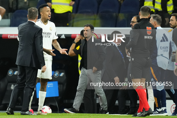 Eder Militao centre-back of Real Madrid and Brazil protest to referee after the La Liga match between Real Madrid CF and Deportivo Alavés at...