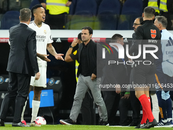 Eder Militao centre-back of Real Madrid and Brazil protest to referee after the La Liga match between Real Madrid CF and Deportivo Alavés at...