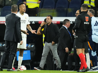 Eder Militao centre-back of Real Madrid and Brazil protest to referee after the La Liga match between Real Madrid CF and Deportivo Alavés at...