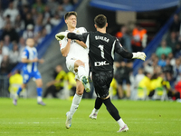 Arda Guler attacking midfield of Real Madrid and Turkey and Antonio Sivera goalkeeper of Alaves and Spain compete for the ball during the La...