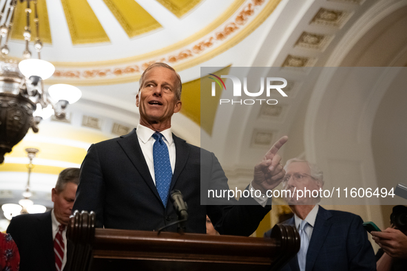 Sen. John Thune (R-SD) speaks during Senate Republicans' weekly press conference in Washington, DC, on September 24, 2024. 