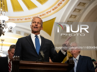 Sen. John Thune (R-SD) speaks during Senate Republicans' weekly press conference in Washington, DC, on September 24, 2024. (