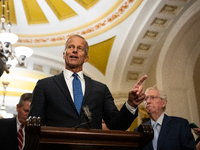 Sen. John Thune (R-SD) speaks during Senate Republicans' weekly press conference in Washington, DC, on September 24, 2024. (