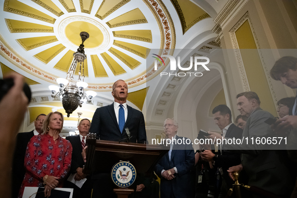 Sen. John Thune (R-SD) and Senate Republican leaders hold their weekly press conference in Washington, DC, on September 24, 2024. 