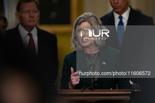 Senator Joni Ernst (R-IA) rails against President Joe Biden and Vice President Kamala Harris during Senate Republicans' weekly press confere...