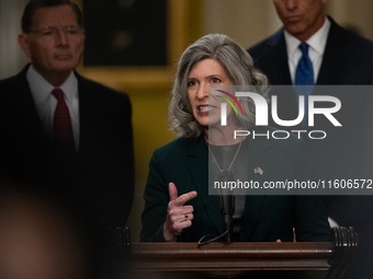 Senator Joni Ernst (R-IA) rails against President Joe Biden and Vice President Kamala Harris during Senate Republicans' weekly press confere...