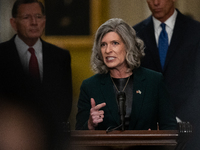 Senator Joni Ernst (R-IA) rails against President Joe Biden and Vice President Kamala Harris during Senate Republicans' weekly press confere...