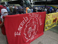 The 43 missing students from Ayotzinapa throw firecrackers on Tuesday, September 24, 2024, and demonstrate outside the Senate of the Republi...