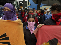 The 43 missing students from Ayotzinapa throw firecrackers on Tuesday, September 24, 2024, and demonstrate outside the Senate of the Republi...