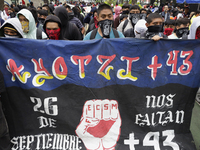 The 43 missing students from Ayotzinapa throw firecrackers on Tuesday, September 24, 2024, and demonstrate outside the Senate of the Republi...