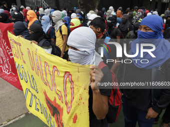 The 43 missing students from Ayotzinapa throw firecrackers on Tuesday, September 24, 2024, and demonstrate outside the Senate of the Republi...