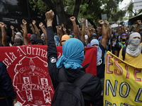 The 43 missing students from Ayotzinapa throw firecrackers on Tuesday, September 24, 2024, and demonstrate outside the Senate of the Republi...